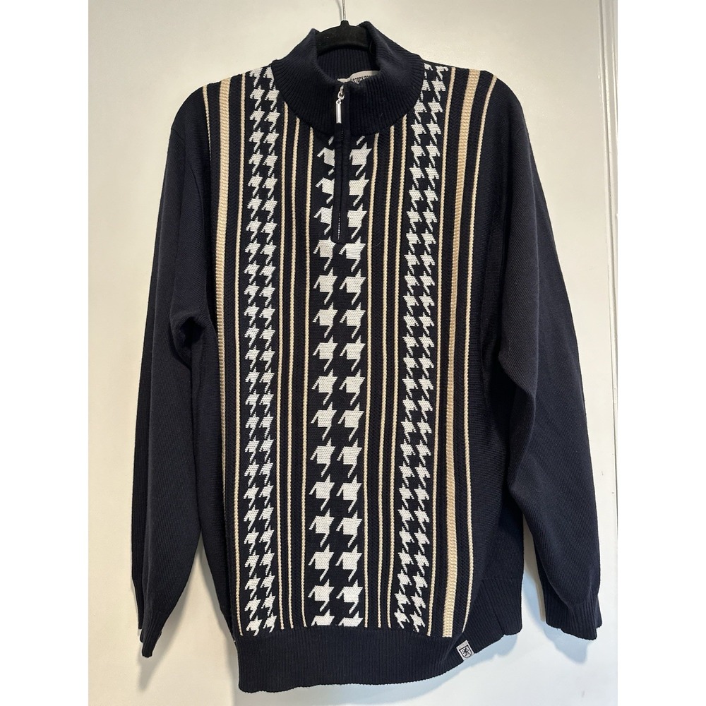 Stacy Adams Preppy Houndstooth Full Zip Sweater Sz:XL Black Mock Neck Acrylic